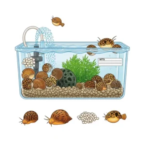 An illustration detailing a simple DIY setup for breeding snails, providing a sustainable source of live puffer fish food.
