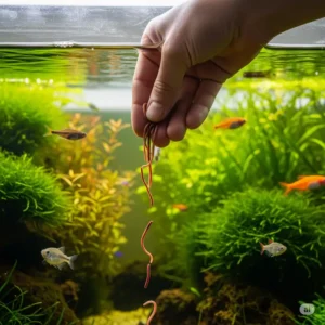 Hand carefully dispensing blood worms into a home aquarium, demonstrating easy and direct feeding for hobbyists.