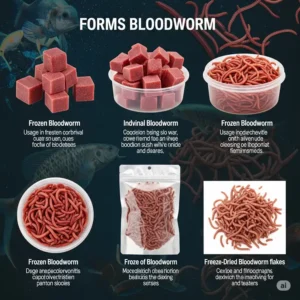 Visual guide illustrating various forms of bloodworms available for fish, including frozen cubes and freeze-dried flakes