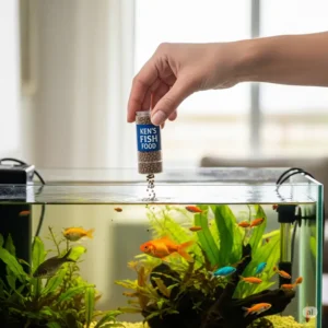 Hand gently dispensing Ken's Fish Food into a home aquarium for daily feeding.
