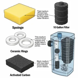 Various types of filter media including sponge, ceramic rings, and activated carbon, for a 10-gallon fish tank filter.