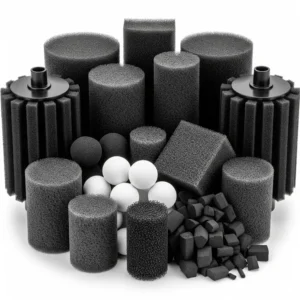 Collection of various filter media (sponges, bio-balls, activated carbon) used in a 100 gallon fish tank filter for optimal water clarity.