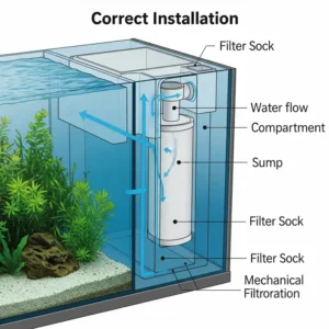 Illustration showing a fish tank filter sock correctly installed within an aquarium sump, demonstrating its role in mechanical filtration.