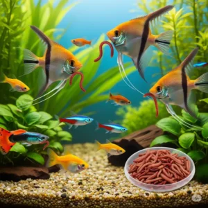Colorful aquarium fish enthusiastically feeding on blood worms, showcasing their appeal as a highly palatable and digestible food source.