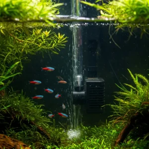 Small fish swimming comfortably near the gentle water flow generated by a fish tank water pump.