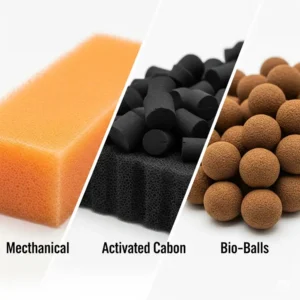 A visual comparison of different filter media (sponge, activated carbon, bio-balls) commonly used in a 50-gallon fish tank filter for optimal water quality.