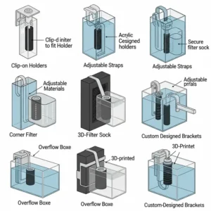 Illustration showcasing different types of holders and mounts for fish tank filter socks, ensuring proper fit and function.