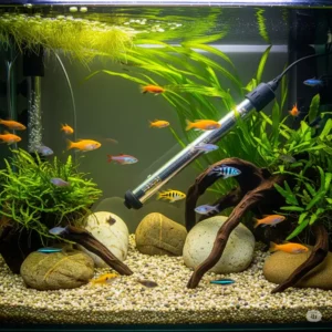 A beautiful freshwater fish tank with a visible submersible heater maintaining optimal water temperature for healthy fish.