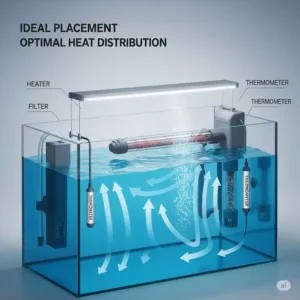 Diagram illustrating recommended placement of a heater in a fish tank for even heat distribution.