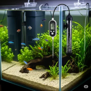 A thermometer positioned near a fish tank heater to accurately monitor water temperature.
