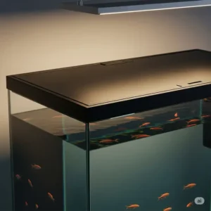 Durable black fish tank lid cover securely placed on a rectangular glass aquarium, providing safety and maintaining optimal conditions for aquatic life.