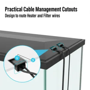 Illustration highlighting the practical cable management cutouts on a fish tank lid cover, designed to neatly route heater and filter wires.