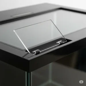 Close-up view of a fish tank lid cover featuring a convenient flip-up feeding door, allowing easy access for feeding without removing the entire lid.