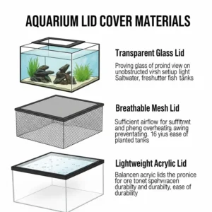 Diagram illustrating various fish tank lid cover materials, including transparent glass, breathable mesh, and lightweight acrylic options for aquariums.