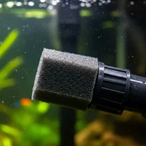 Close-up of a fish tank water pump intake with a pre-filter sponge to prevent debris from entering.