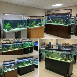 Different sizes of fish tanks and compatible stands for various spaces. 