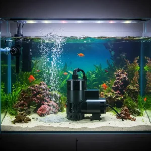 Powerful fish tank water pump circulating clean water in a home aquarium.