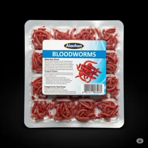 Convenient blister pack of frozen bloodworms, a popular and easy-to-store food option for fish keepers.