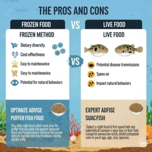 A graphic illustrating the pros and cons of feeding puffer fish frozen versus live food, offering insights into optimal puffer fish food choices.