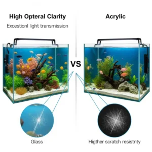 Diagram showcasing the high optical clarity of a glass aquarium but also indicating its susceptibility to scratches versus acrylic.