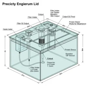Diagram of a glass aquarium lid with precisely cutouts for heaters, filters, and other essential aquarium equipment.
