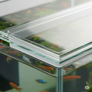 Close-up view of a clear glass aquarium lid securely placed on a fish tank, providing optimal coverage and light penetration for aquatic life.