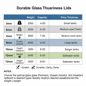 Comparison chart or diagram showing various glass thickness options available for durable glass aquarium lids.