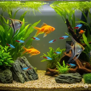 Vibrant fish thriving in an aquarium, reflecting the positive impact of a balanced diet that includes bloodworms.
