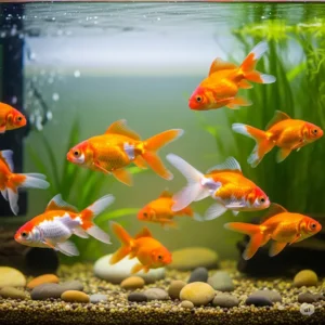 Healthy, vibrant goldfish swimming in a clean tank, benefiting from Ken's nutritious fish food.