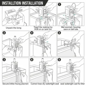A step-by-step illustration demonstrating the proper installation of a hang-on-back (HOB) filter on the rim of a 50-gallon fish tank.
