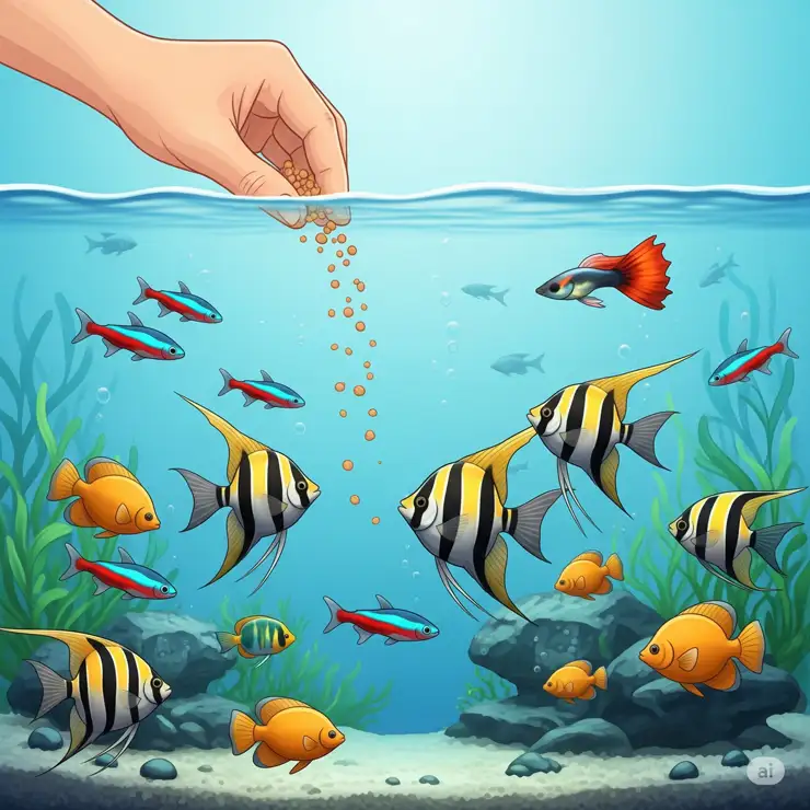Guide illustration demonstrating the correct way to feed tropical fish, preventing overfeeding and maintaining water quality.
