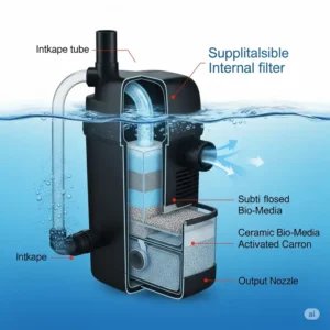 Illustration of an internal filter often used as supplementary filtration in a large 100 gallon fish tank, showing its submersible design.