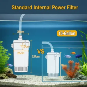 Compact internal power filter designed for a 10-gallon fish tank, ensuring efficient water circulation.
