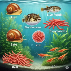An illustration depicting various live foods suitable for puffer fish, including snails, bloodworms, and krill, essential for a balanced puffer fish food diet.