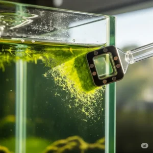 Close-up of a magnetic aquarium glass cleaner in action, effectively wiping away green algae from the tank wall for a pristine view.