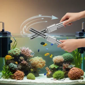 Magnetic aquarium fish tank cleaner gliding smoothly across the glass, effectively cleaning the tank without getting hands wet.