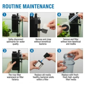 Steps for routine maintenance of a 100 gallon fish tank filter, emphasizing easy cleaning and media replacement for longevity.