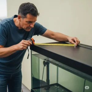 Person accurately measuring the dimensions of an aquarium to ensure a custom fit for a new fish tank lid cover.