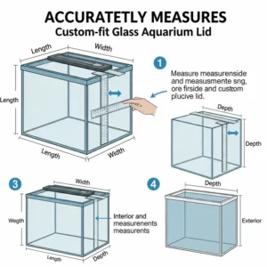 Graphic illustrating how to accurately measure a fish tank for a custom-fit glass aquarium lid.