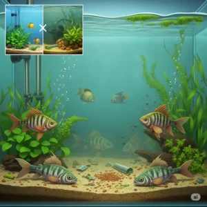 Illustration depicting issues caused by poor quality tropical fish food, including cloudy water and lethargic fish.