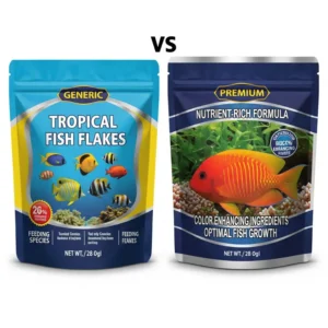 Comparison illustration of premium tropical fish food packaging highlighting nutrient-rich and color-enhancing formulas.