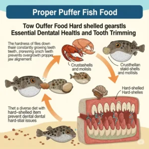 An infographic explaining how proper puffer fish food, especially hard-shelled items, contributes to their essential dental health and tooth trimming.