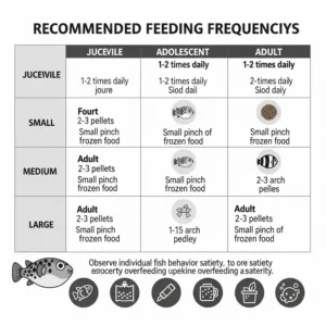 A clear chart outlining recommended feeding frequencies for puffer fish based on their age and size, guiding proper puffer fish food portions.