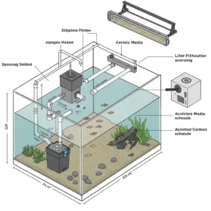 A diagram showcasing the essential components of a typical rimless fish tank setup, including filtration and lighting.