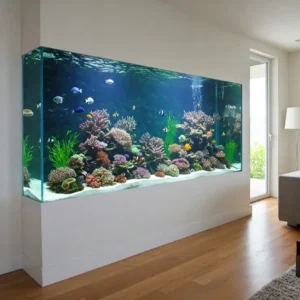 A rimless fish tank seamlessly integrated into a modern home interior, enhancing the decor.