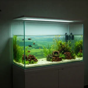A sleek, modern rimless fish tank showcasing its minimalist design and clear, unobstructed view of the aquatic life inside.