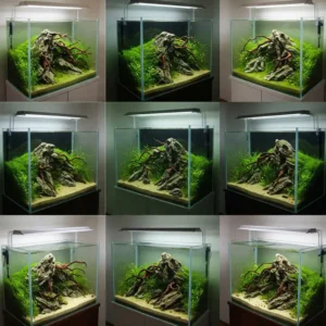 Examples of diverse aquascaping styles within rimless fish tanks, from lush planted tanks to minimalist designs.