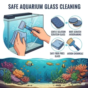 An illustration depicting best practices for using an aquarium glass cleaner safely, emphasizing not scratching the glass and avoiding harsh chemicals.