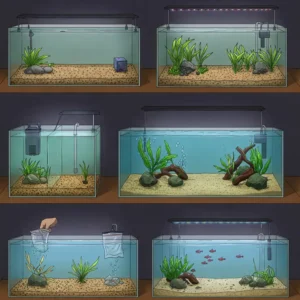 Step-by-step illustration demonstrating the process of setting up a new shallow fish tank for aquatic life.