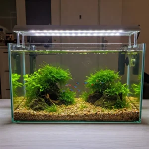 A shallow fish tank provides an accessible and visually appealing aquatic environment for small fish in a home setting.